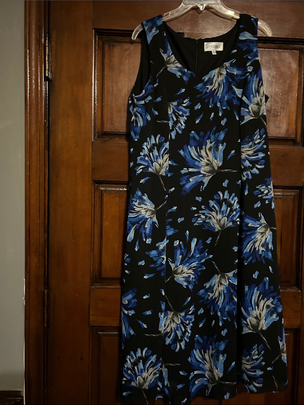 Studio One Black Sleeveless A-Line Dress with Blue and Gray Floral Print